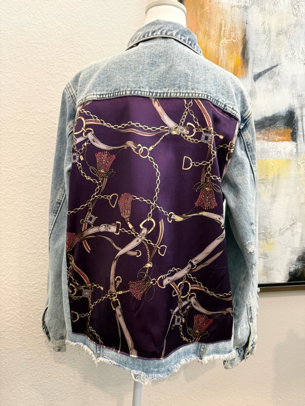 Denim Jacket with Purple Scarf-Back Panel and Collar Detail, XL